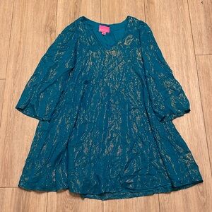Lilly Pulitzer Shift Dress Size XS , Mini , Wide Sleeves Teal & Gold Color